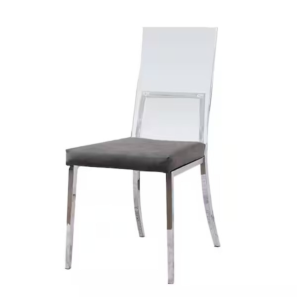 Single minimalist chrome dining chair featuring a clear acrylic back and gray padded seat, ideal for contemporary interiors.
