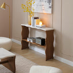 47.24' Whisper of Waves Modern Console Table w/ White Marble-Pattern Top, Solid Wood Veneered Sofa Table w/ Open Storage Shelf, Entryway Table for Living Room, Walnut Brwon