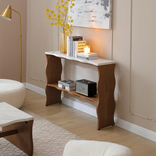 47.24' Whisper of Waves Modern Console Table w/ White Marble-Pattern Top, Solid Wood Veneered Sofa Table w/ Open Storage Shelf, Entryway Table for Living Room, Walnut Brwon