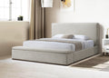 Boxter Beige Linen Queen Bed with Storage in a modern bedroom, featuring a tall upholstered headboard and soft neutral tones.