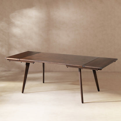 Dark brown Oak Extendable Dining Table with both leaves extended, showcasing sleek tapered legs and rich wood grain finish.