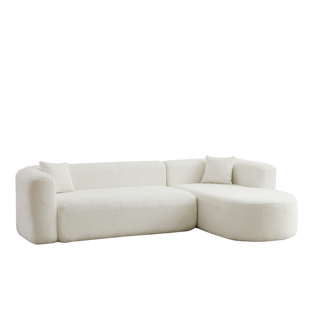 Angled product view of 109.4' modular sectional sofa in beige chenille fabric, highlighting its modern curves and plush seating.
