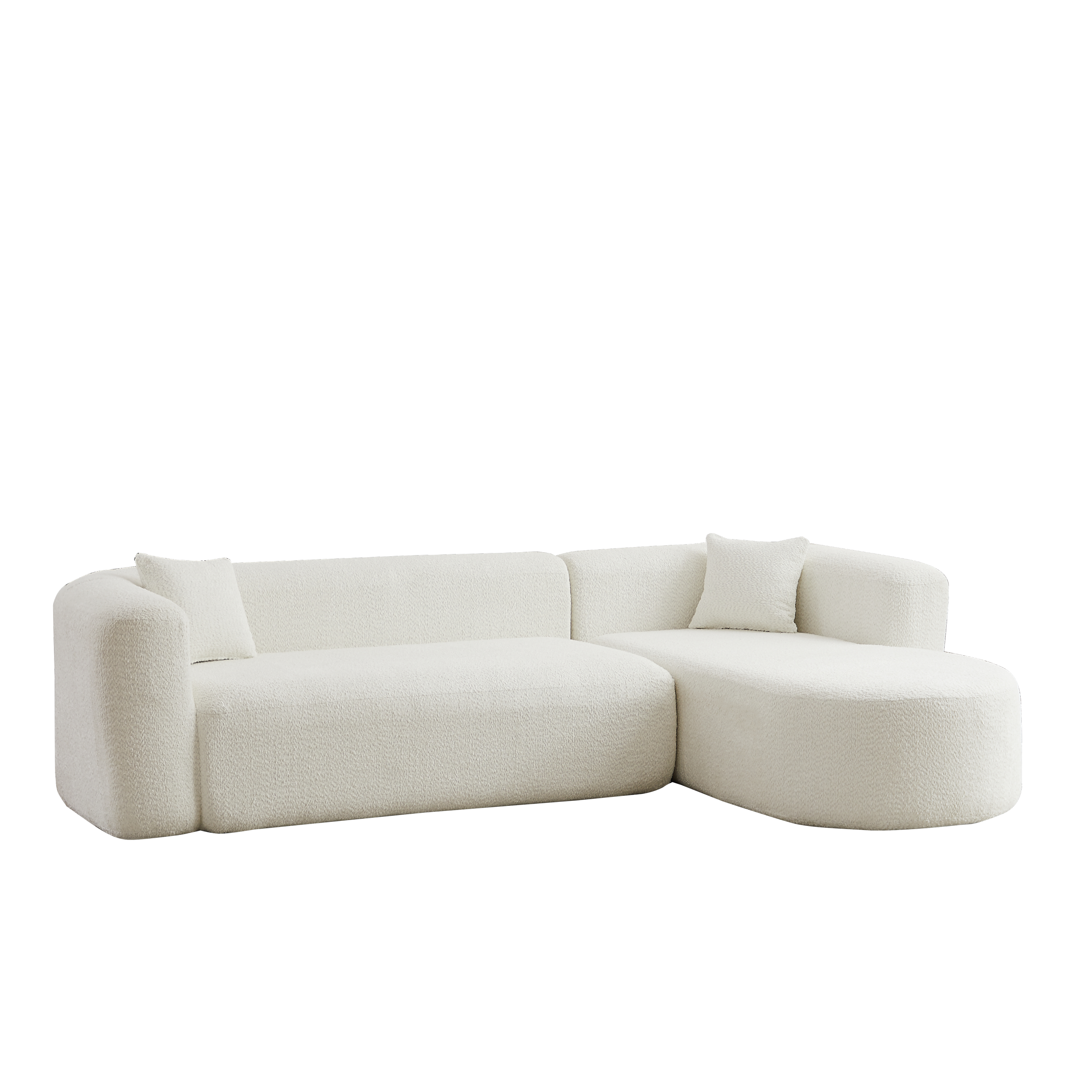 Angled product view of 109.4' modular sectional sofa in beige chenille fabric, highlighting its modern curves and plush seating.