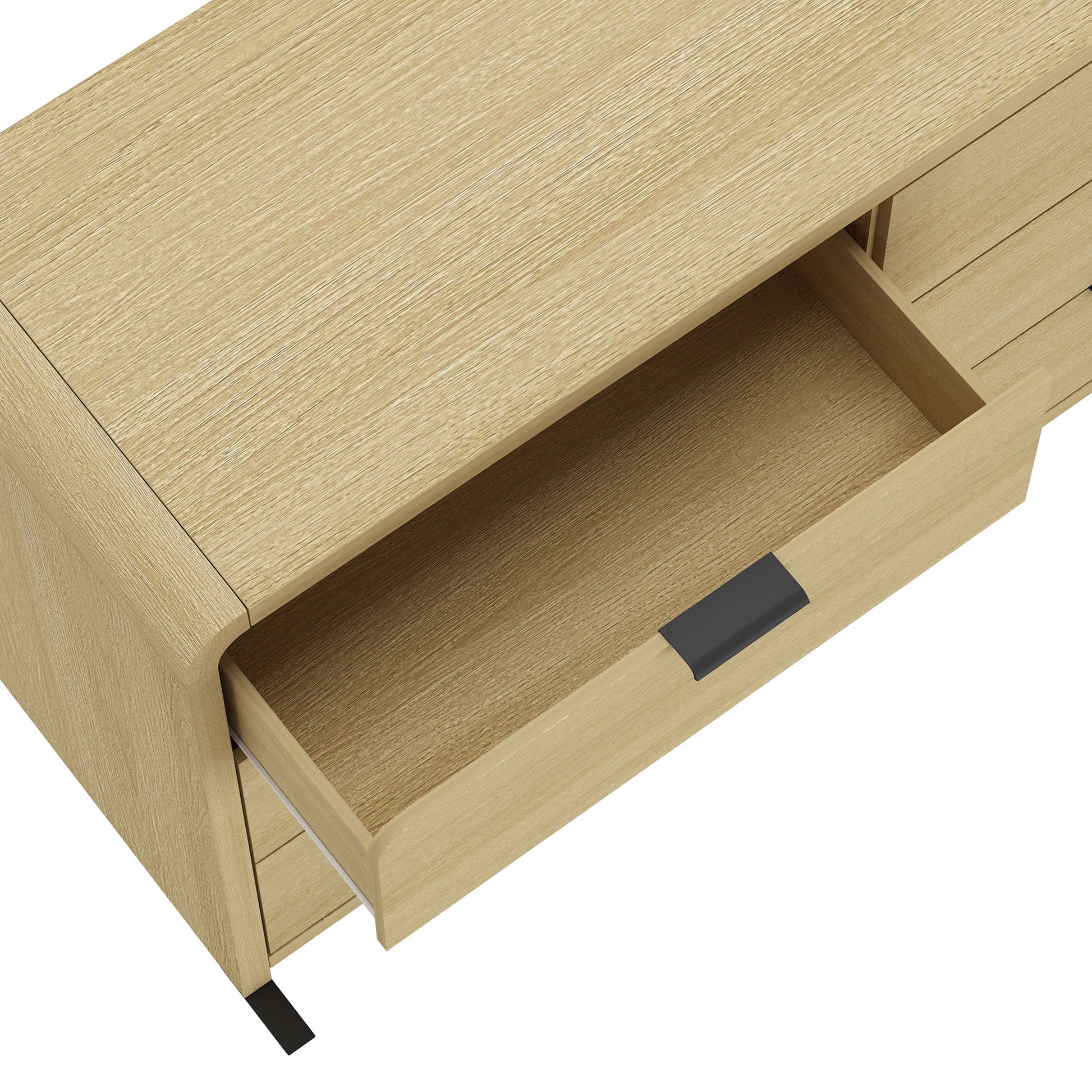 Open drawer view of Grace 60" Oak Dresser showing interior space and smooth glide mechanism for easy access.