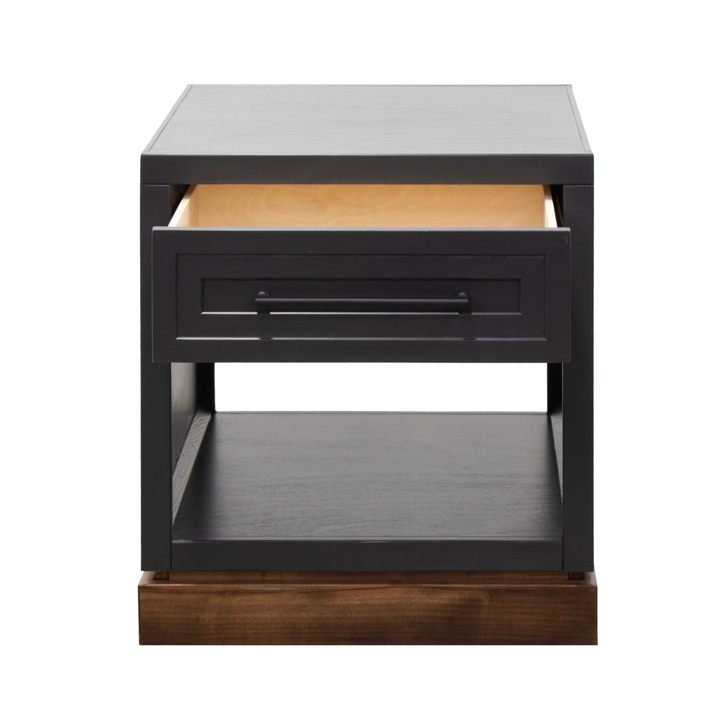 Nora 22 Inch End Table with drawer partially open, showcasing interior storage and clean craftsmanship in black and whiskey tones.