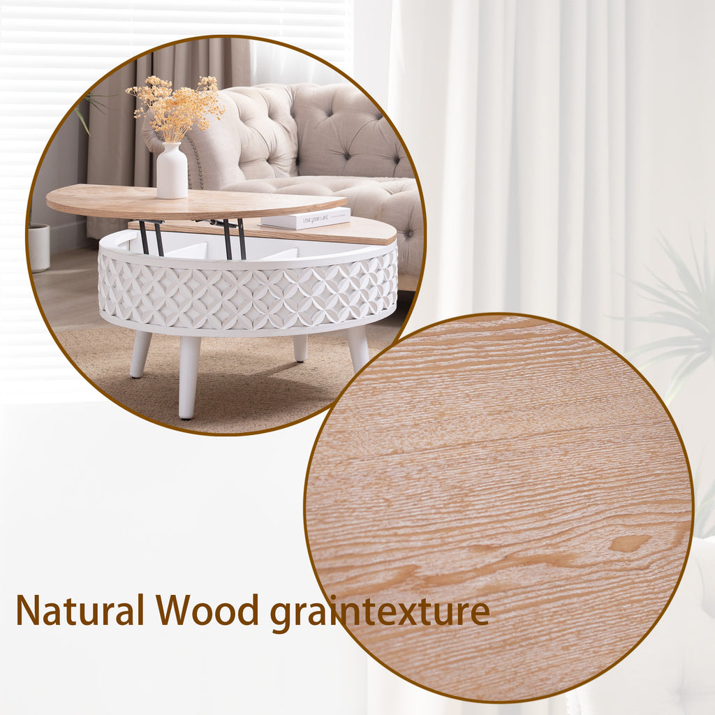 Round coffee table with lift-top design and white carved base, highlighting natural wood grain texture in a boho modern farmhouse living room.