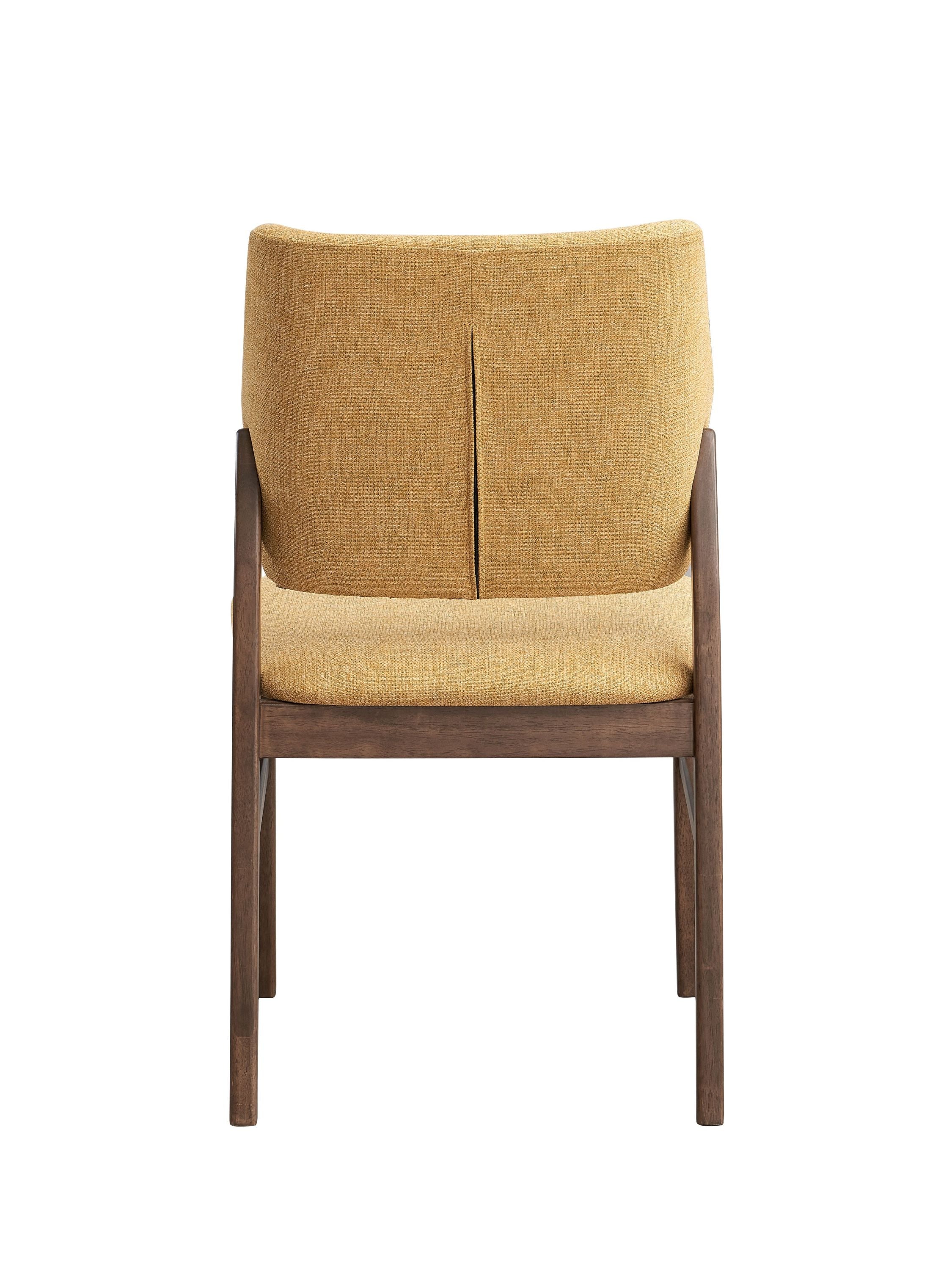 Back view of Sarha Dining Set chair with yellow linen fabric and walnut wood frame, showcasing mid-century design.