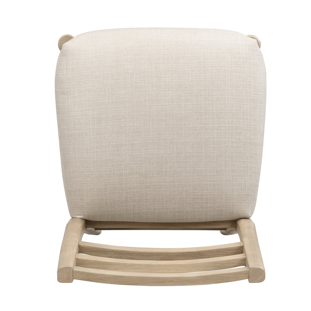 Underside view of upholstered seat and wooden ladder backrest, detailing craftsmanship of the bar stool design.