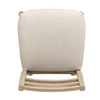 Underside view of upholstered seat and wooden ladder backrest, detailing craftsmanship of the bar stool design.