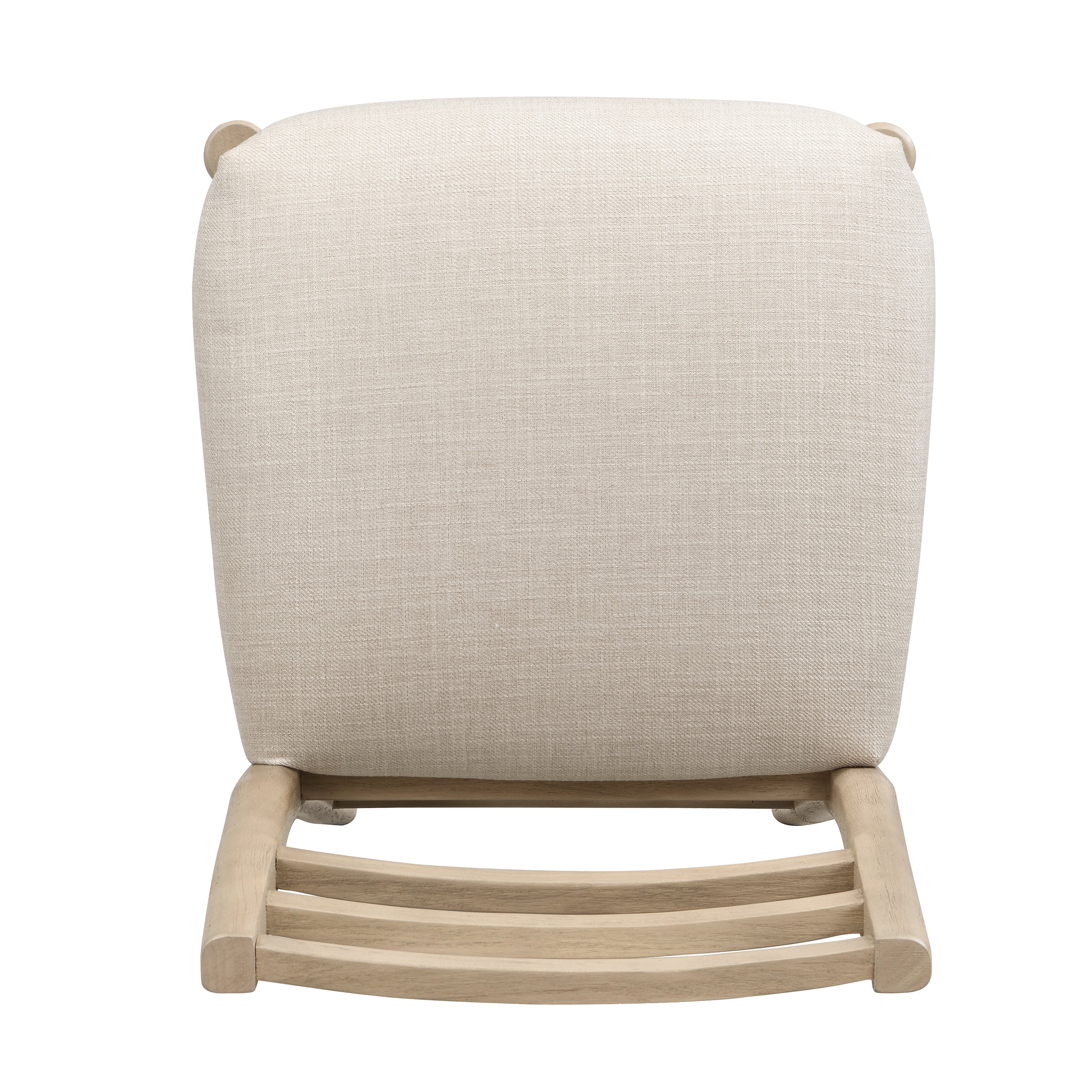 Underside view of upholstered seat and wooden ladder backrest, detailing craftsmanship of the bar stool design.