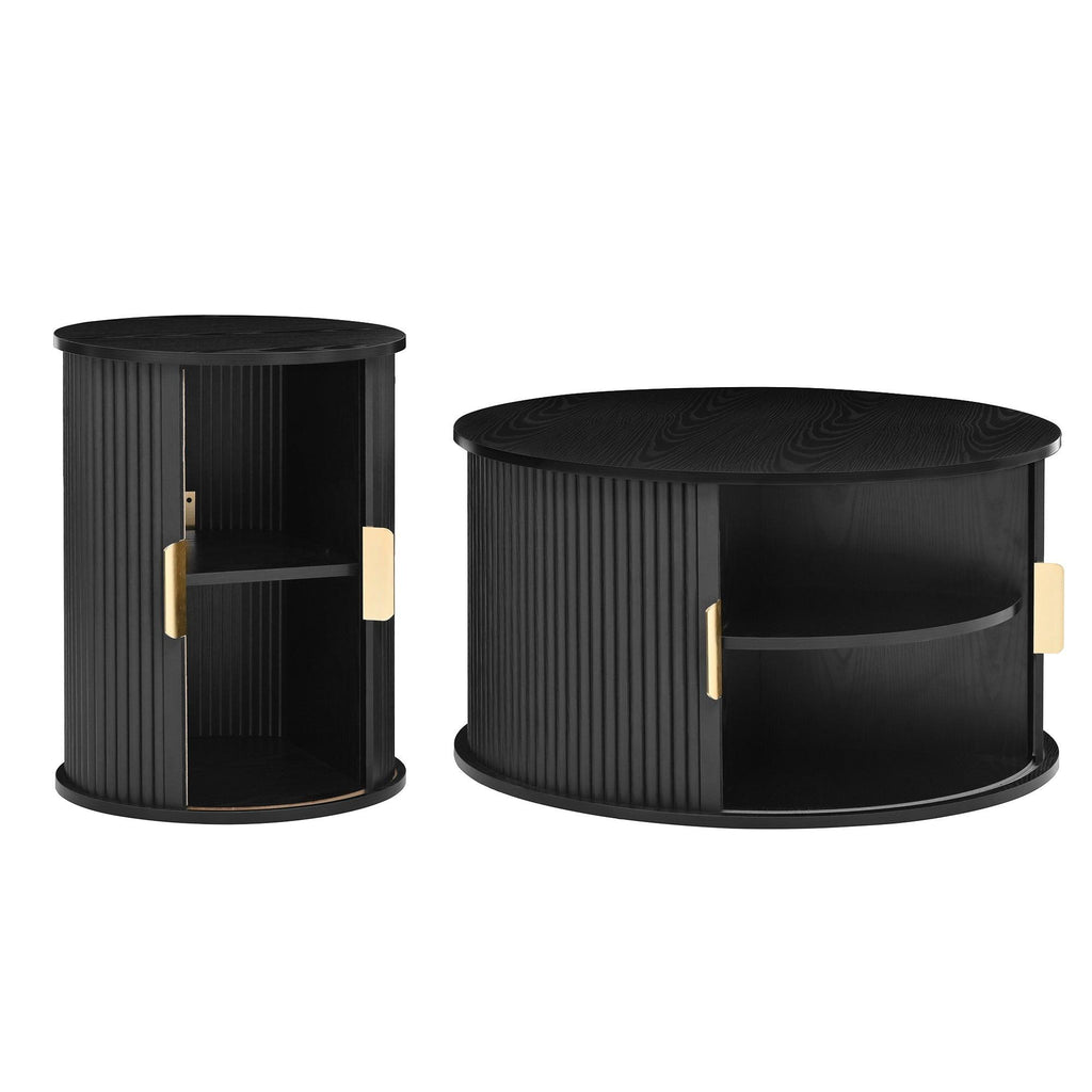 [Assembly Video] Mid-Century Coffee Table Set with Sliding Tambour Door, Round Fluted End Table With Storage, Golden Handle Tall & Low Side Table with Wooden Finish for Living Room, Set of Two, Black.