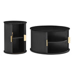 [Assembly Video] Mid-Century Coffee Table Set with Sliding Tambour Door, Round Fluted End Table With Storage, Golden Handle Tall & Low Side Table with Wooden Finish for Living Room, Set of Two, Black.