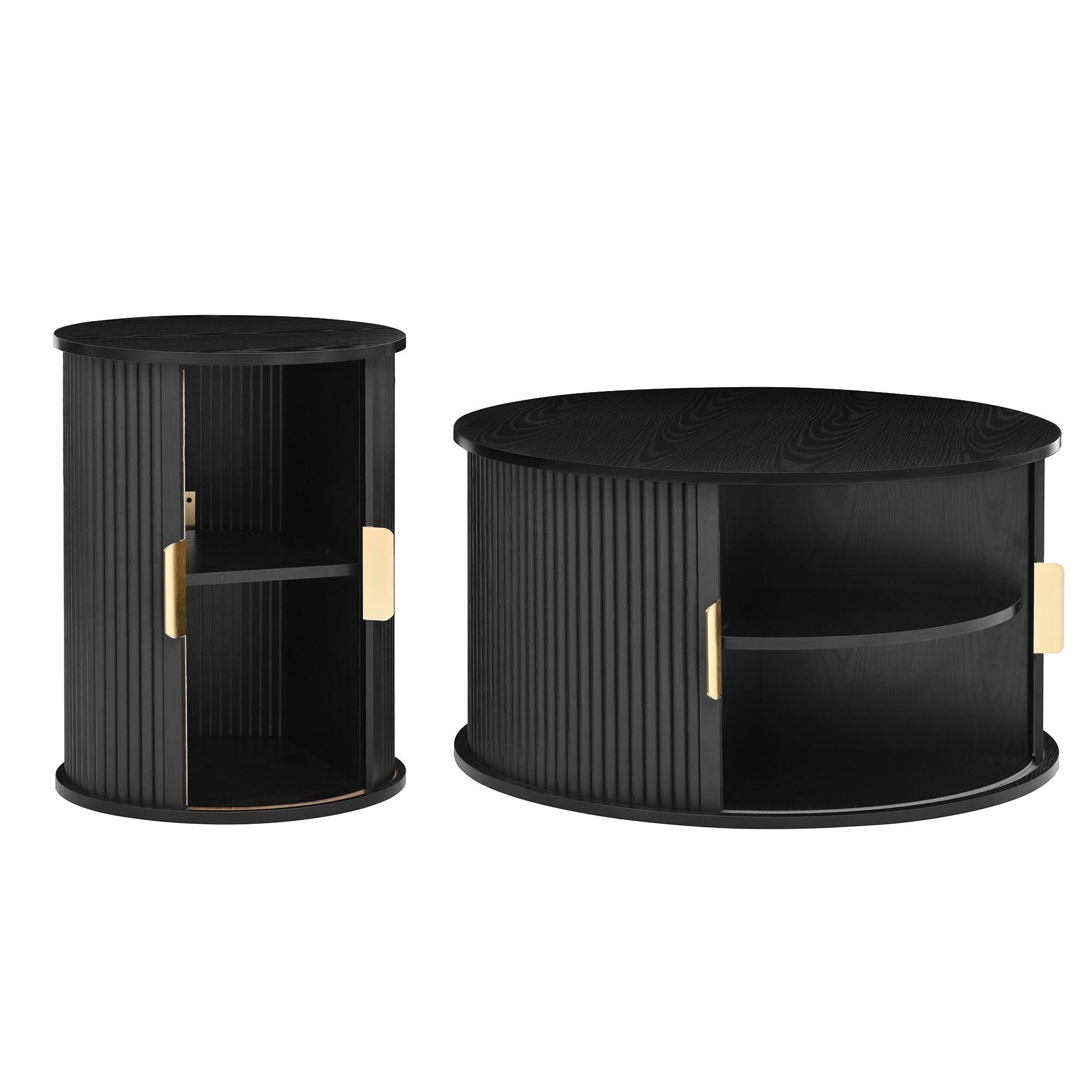 [Assembly Video] Mid-Century Coffee Table Set with Sliding Tambour Door, Round Fluted End Table With Storage, Golden Handle Tall & Low Side Table with Wooden Finish for Living Room, Set of Two, Black.