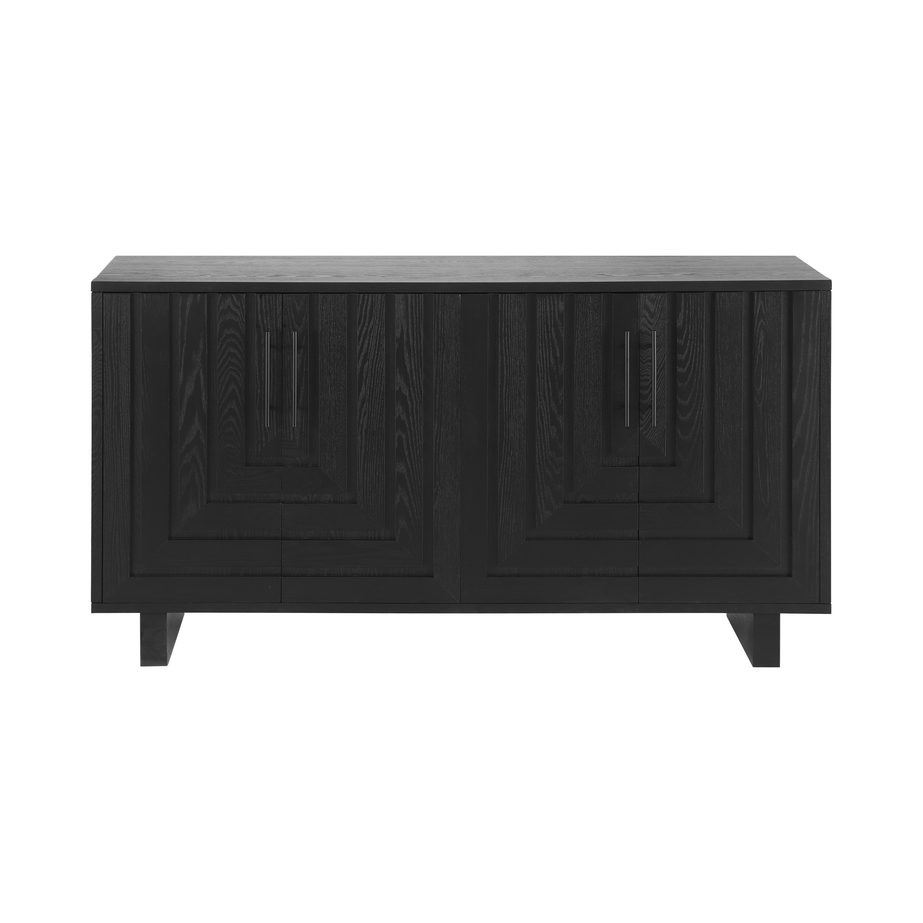 Front view of Modern Black Sideboard Cabinet featuring 4 doors with geometric panel design for versatile home storage.