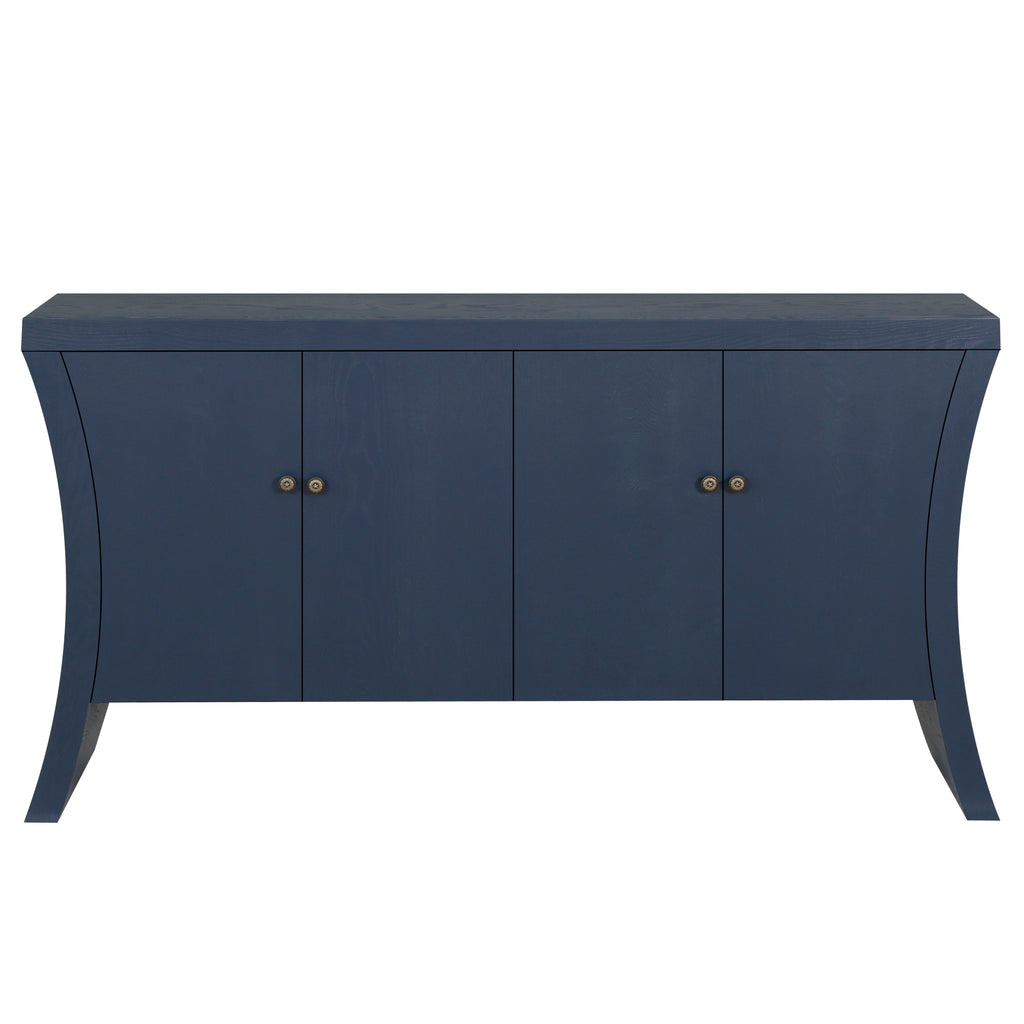 Refined Industrial 4-Door Credenza with Wooden Arc Legs & Bronze Clasps – Advanced Storage Design, Navy Blue