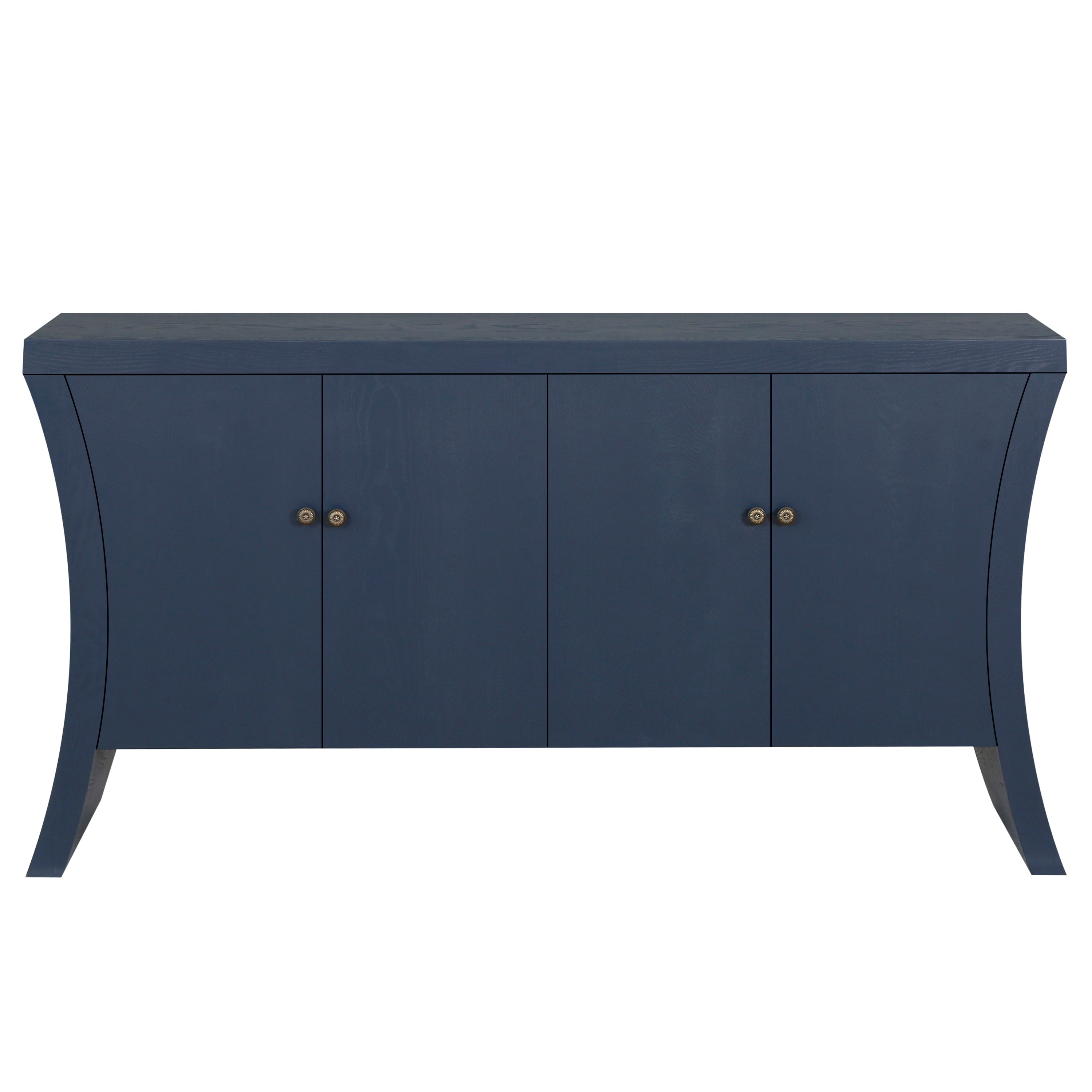 Refined Industrial 4-Door Credenza with Wooden Arc Legs & Bronze Clasps – Advanced Storage Design, Navy Blue