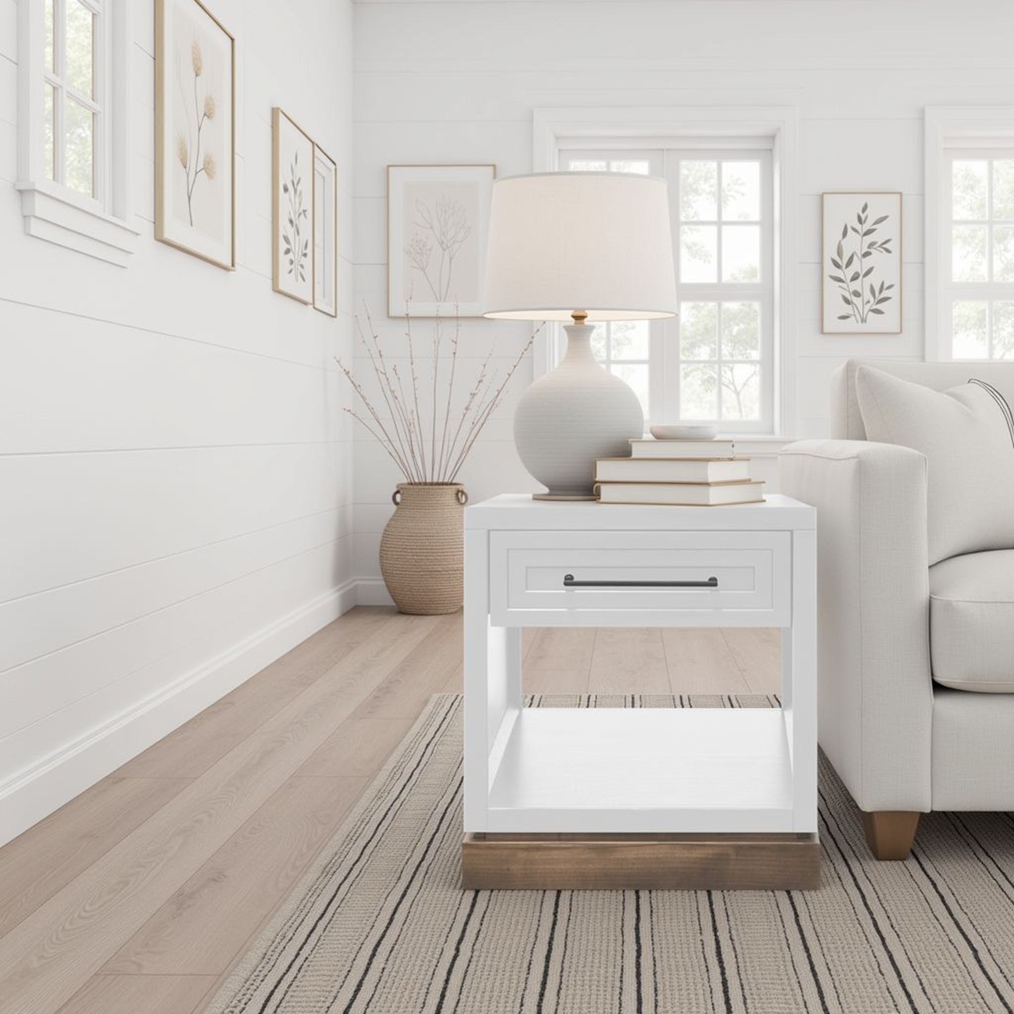 Nora End Table 22 inch - Fully Assembled in white finish, placed in a bright farmhouse living room with beige sofa and ceramic lamp.