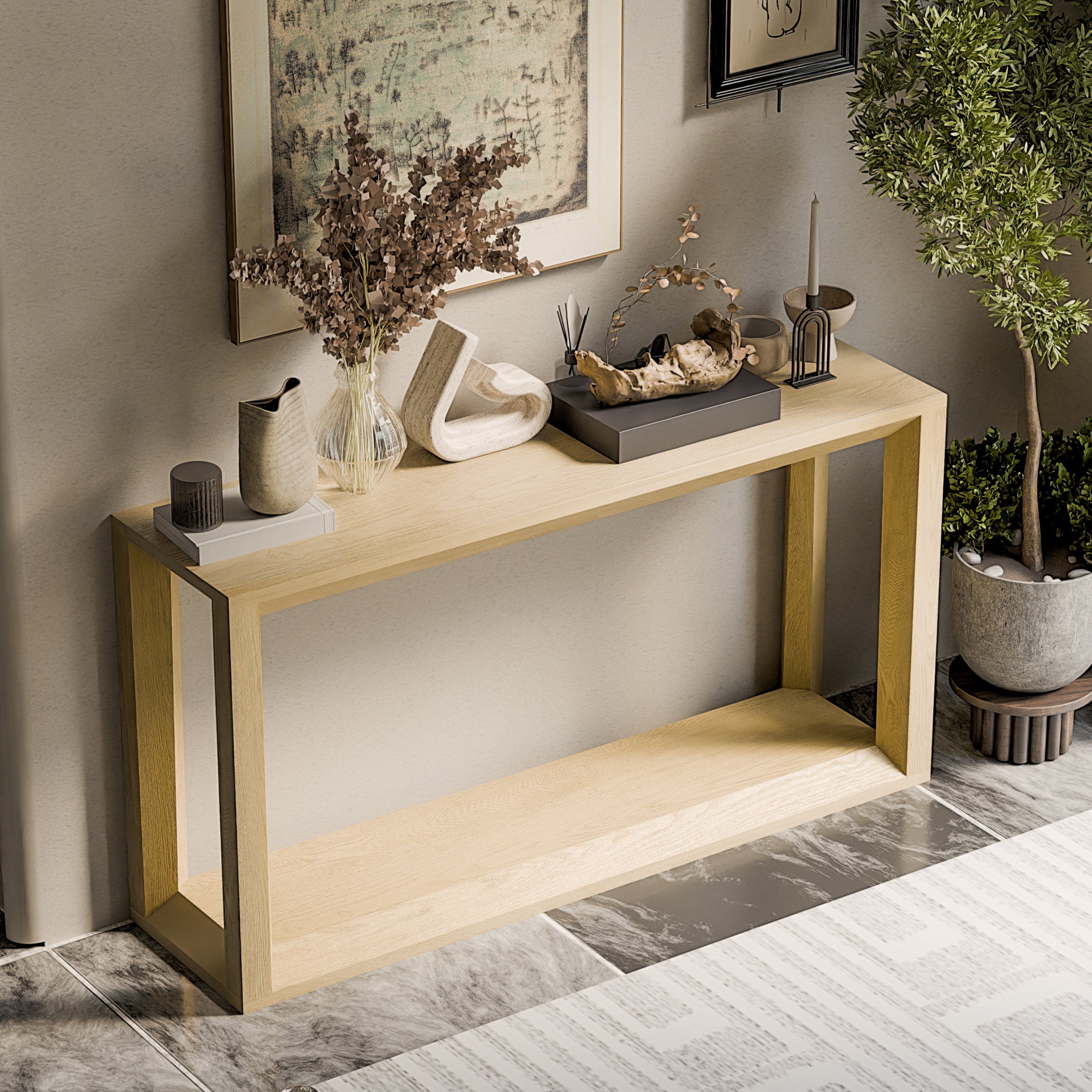 Minimalist rectangular oak-wash wood console table featuring an open base shelf, styled in a bright, modern entryway.