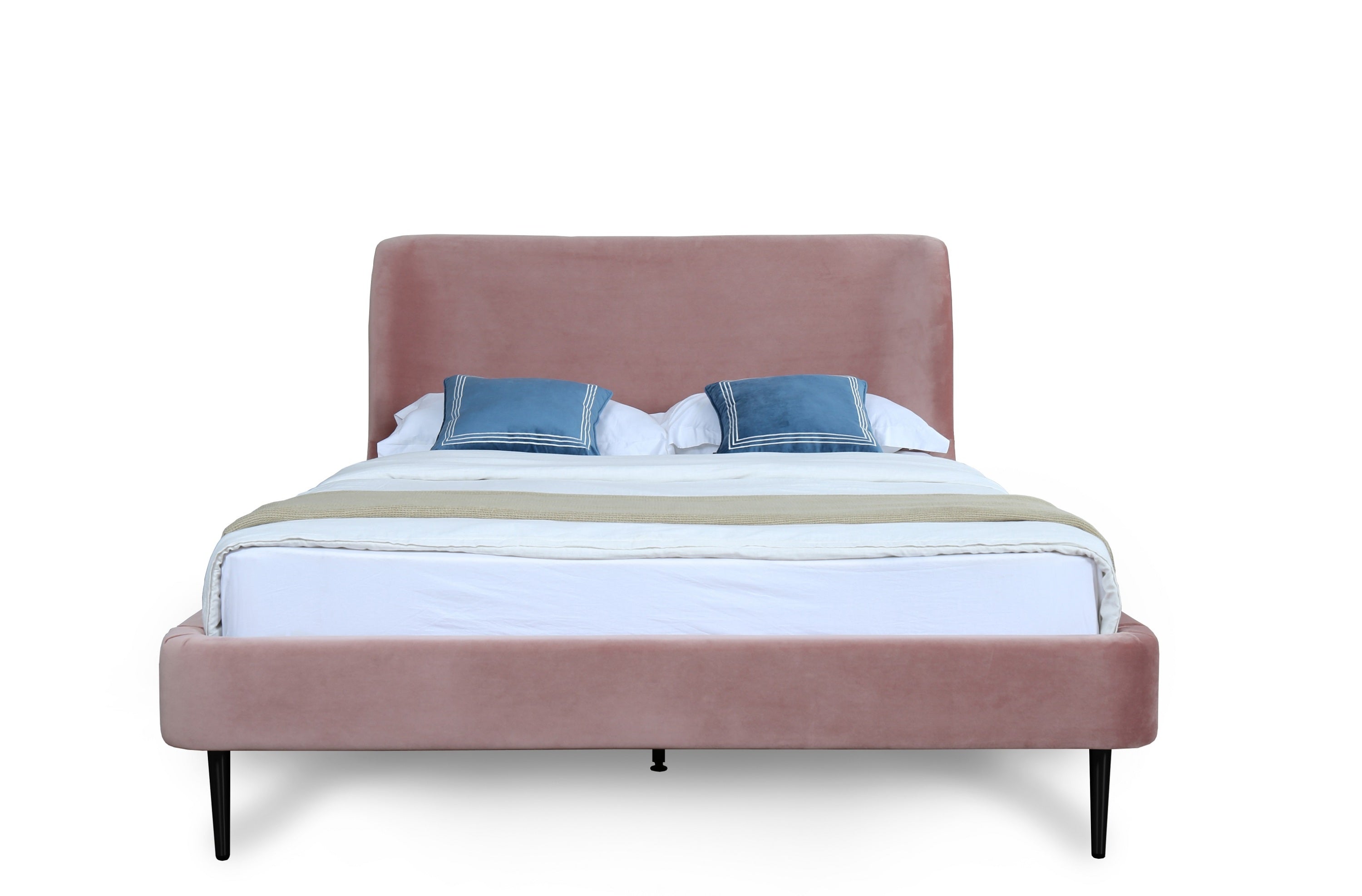 Front view of blush and black full bed with curved velvet headboard and black legs. Mid-century modern design with solid wood construction.