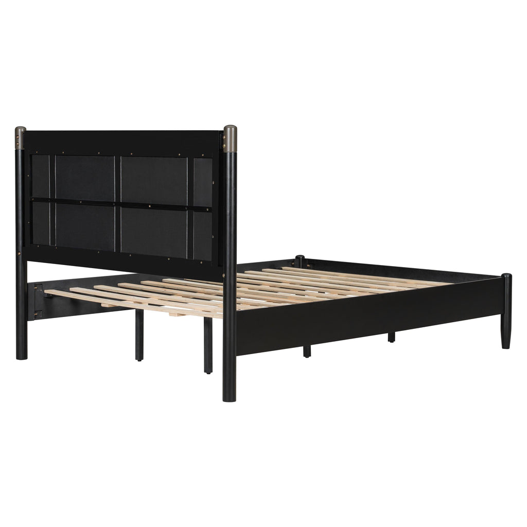 Solid Wood Queen Bed - Heavy Duty, Support 500 lbs - Black Headboard.