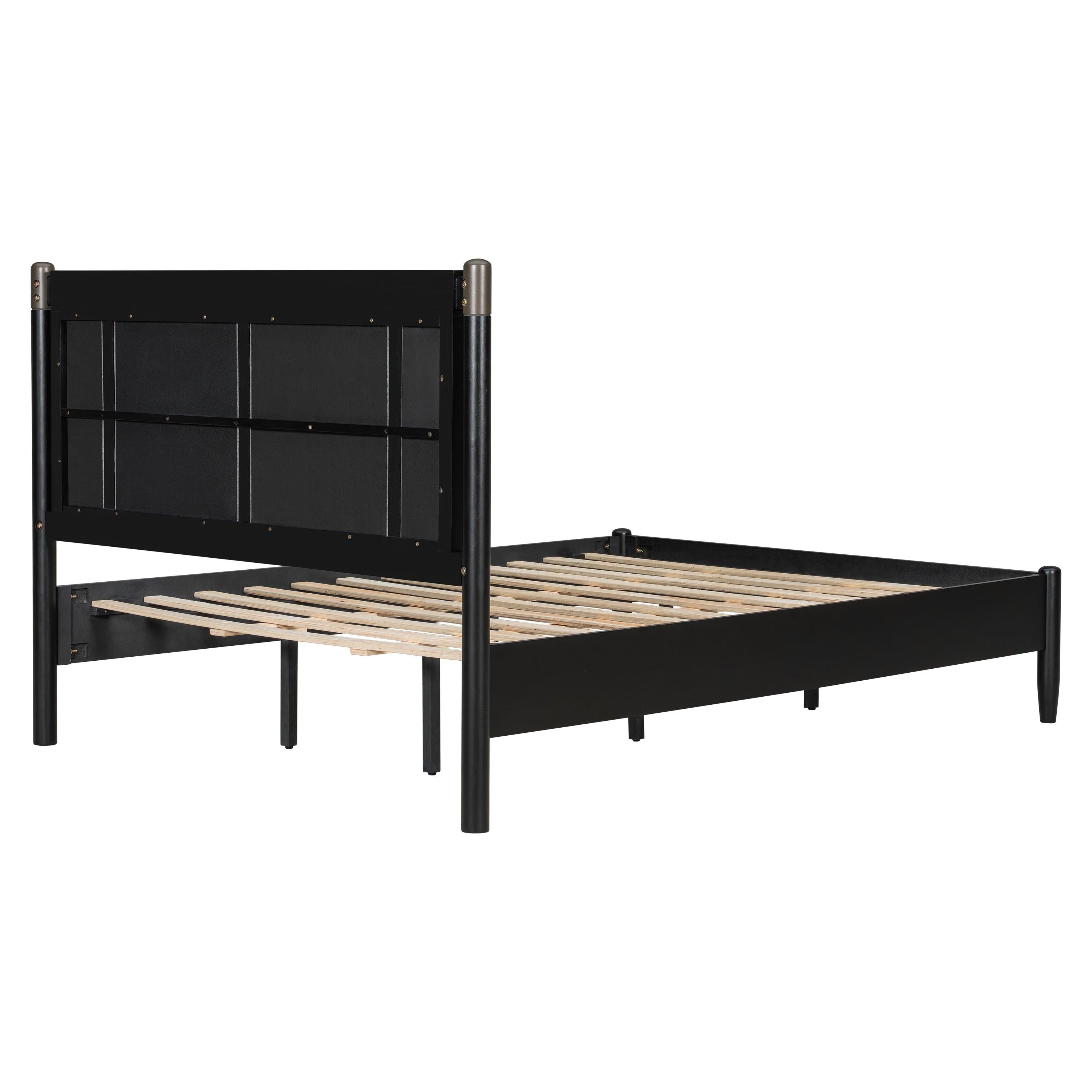 Solid Wood Queen Bed - Heavy Duty, Support 500 lbs - Black Headboard.
