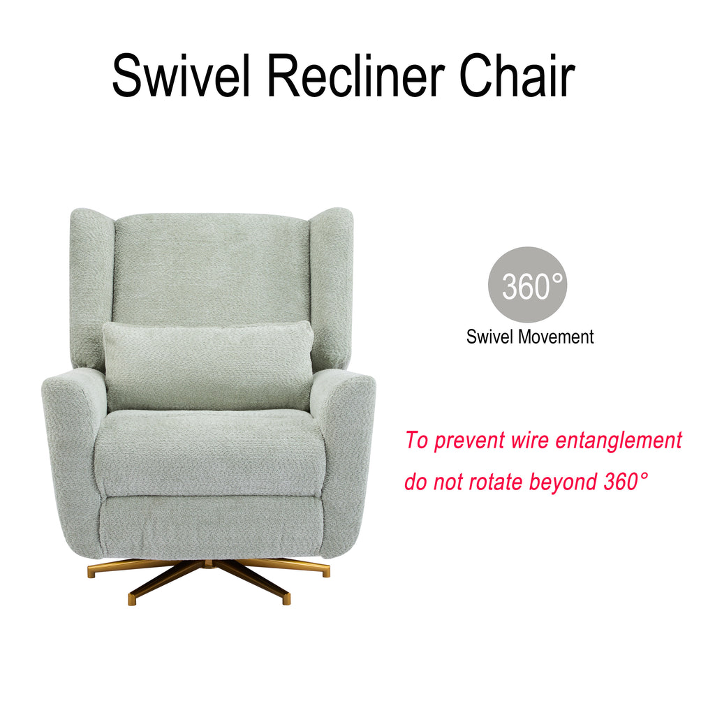 360 swivel recliner chair with gold base and boucle upholstery, labeled for full rotation and safety warning against over-rotation.