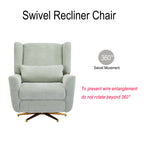 360 swivel recliner chair with gold base and boucle upholstery, labeled for full rotation and safety warning against over-rotation.