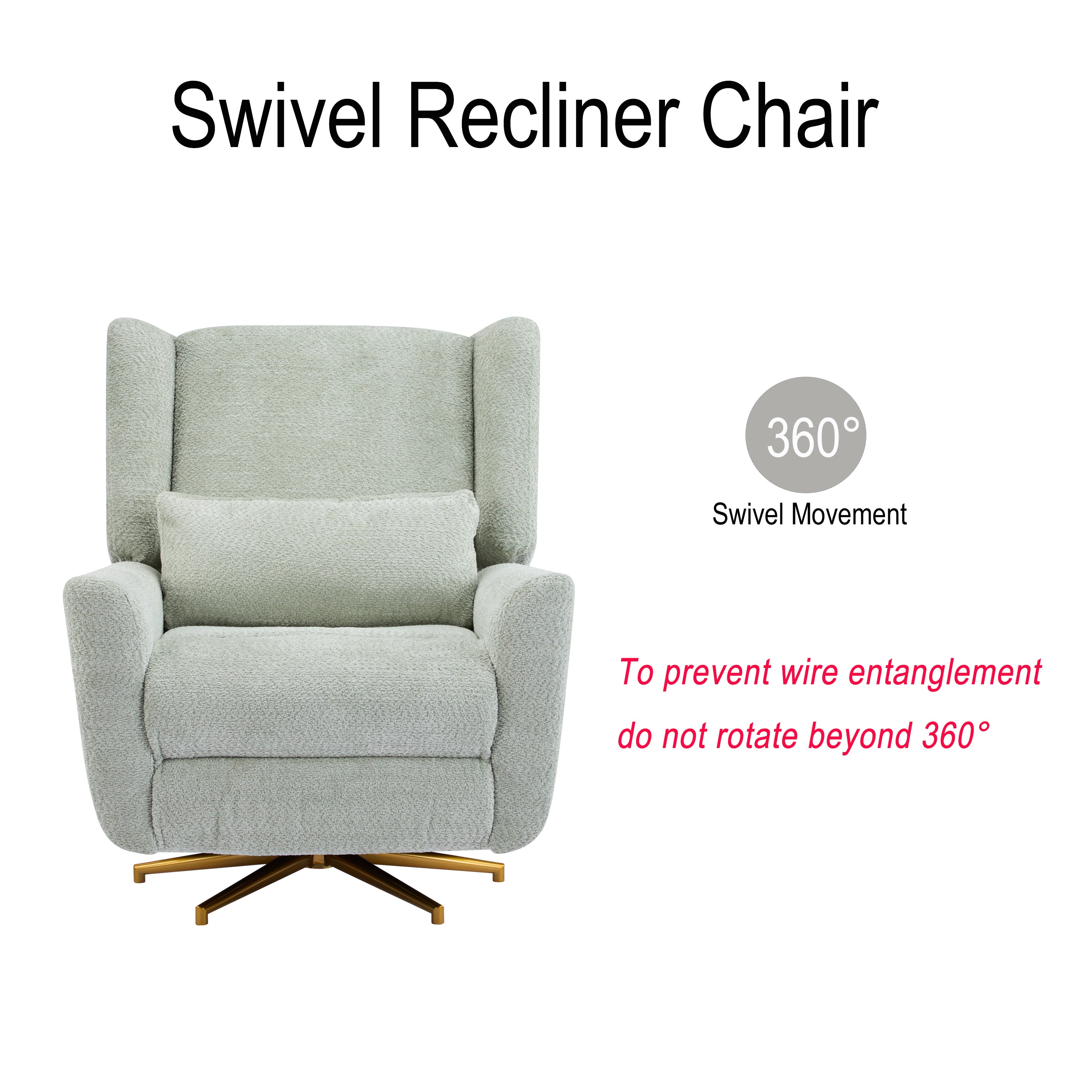 360 swivel recliner chair with gold base and boucle upholstery, labeled for full rotation and safety warning against over-rotation.