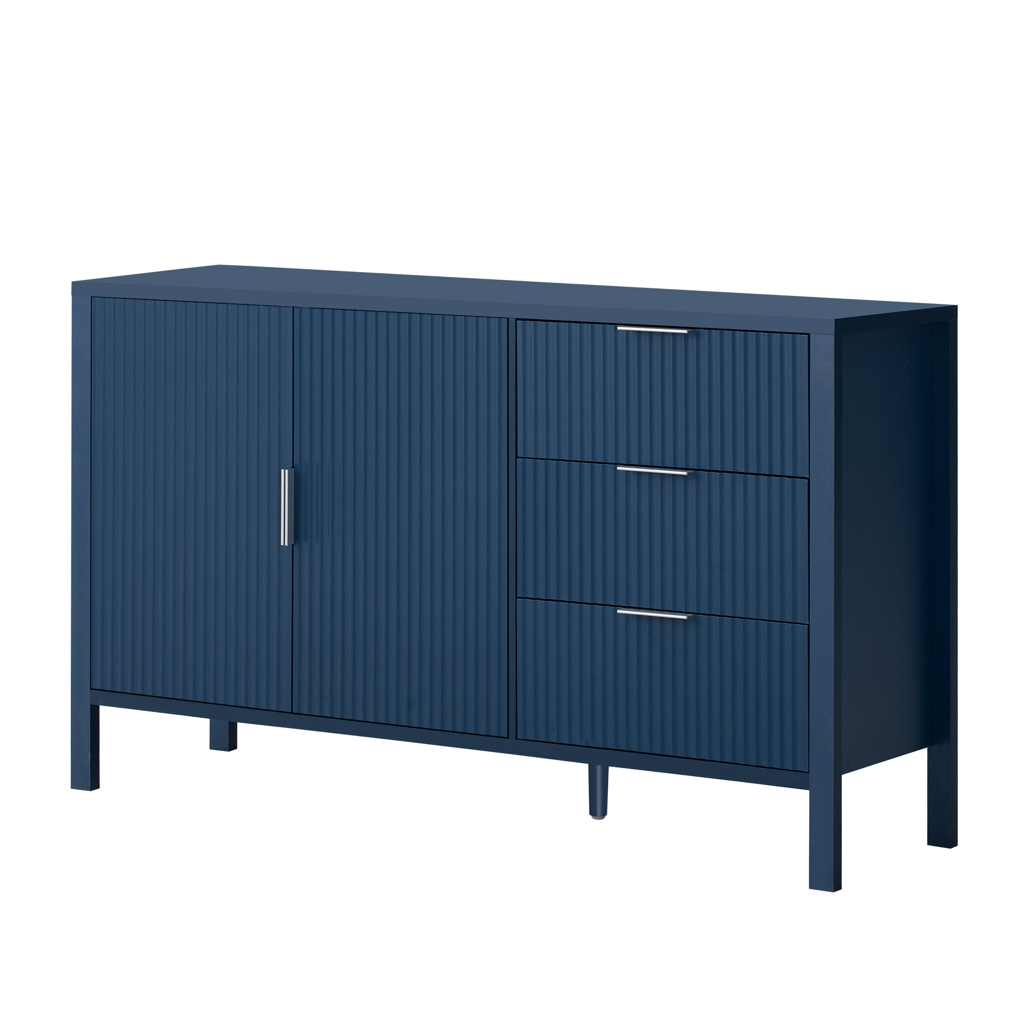 Angled view of navy sideboard with modern lines and wave-textured doors, ideal for contemporary home decor.