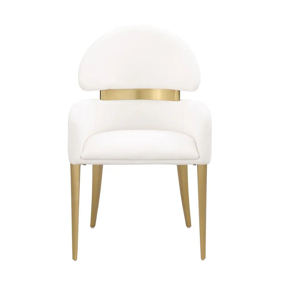 Front view of Contemporary Dining Arm Chair in White and Gold with curved backrest and gold stainless steel legs.