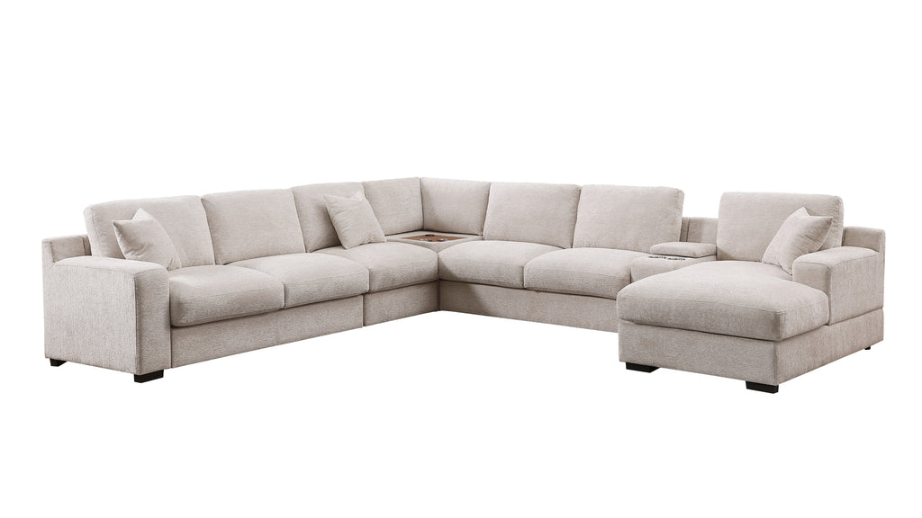 Angled view of corner sectional sofa in beige chenille with chaise, cupholders, and USB ports for functional seating.