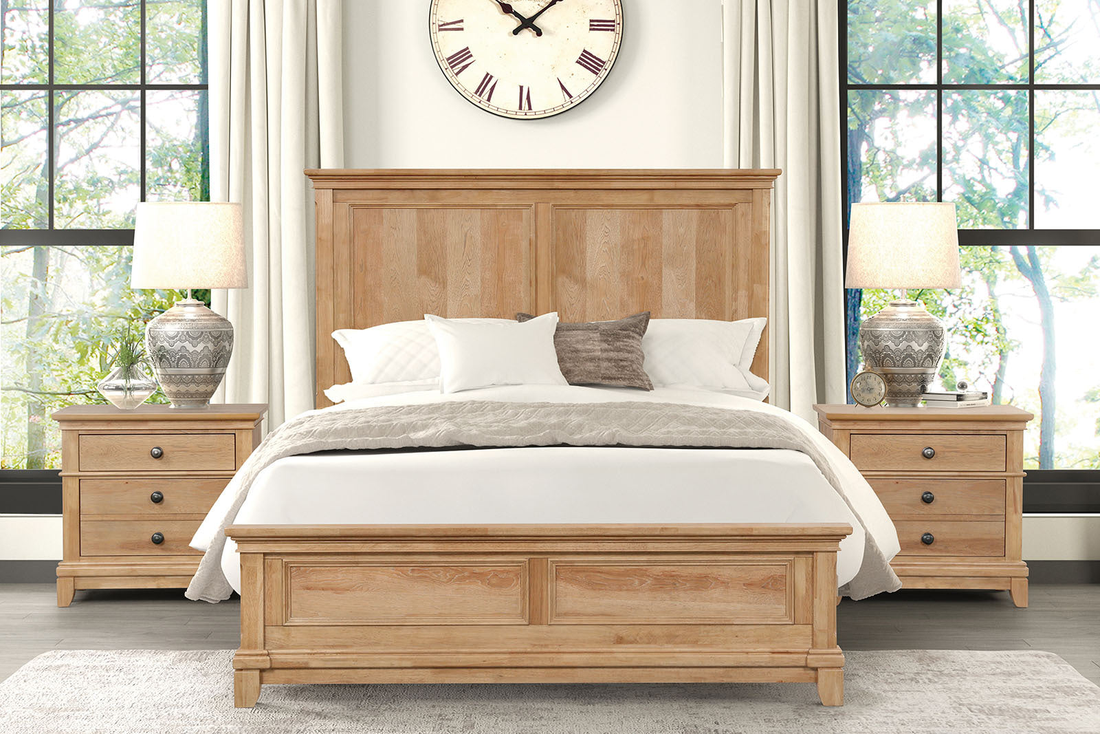 Farmhouse Oak Nightstands flanking bed in rustic bedroom. 3-drawer wood nightstands with black knobs and easy assembly.
