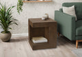 Contemporary walnut-colored square end table with an open storage shelf, suitable for indoor or outdoor use.