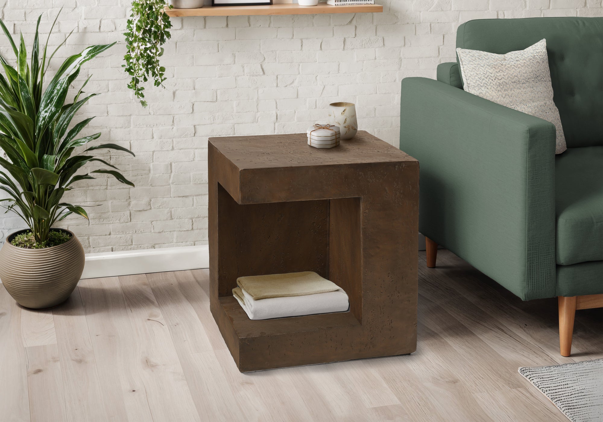 Contemporary walnut-colored square end table with an open storage shelf, suitable for indoor or outdoor use.