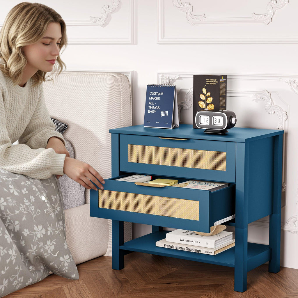 Boho Nightstand with 2 Drawers and Storage Shelf.