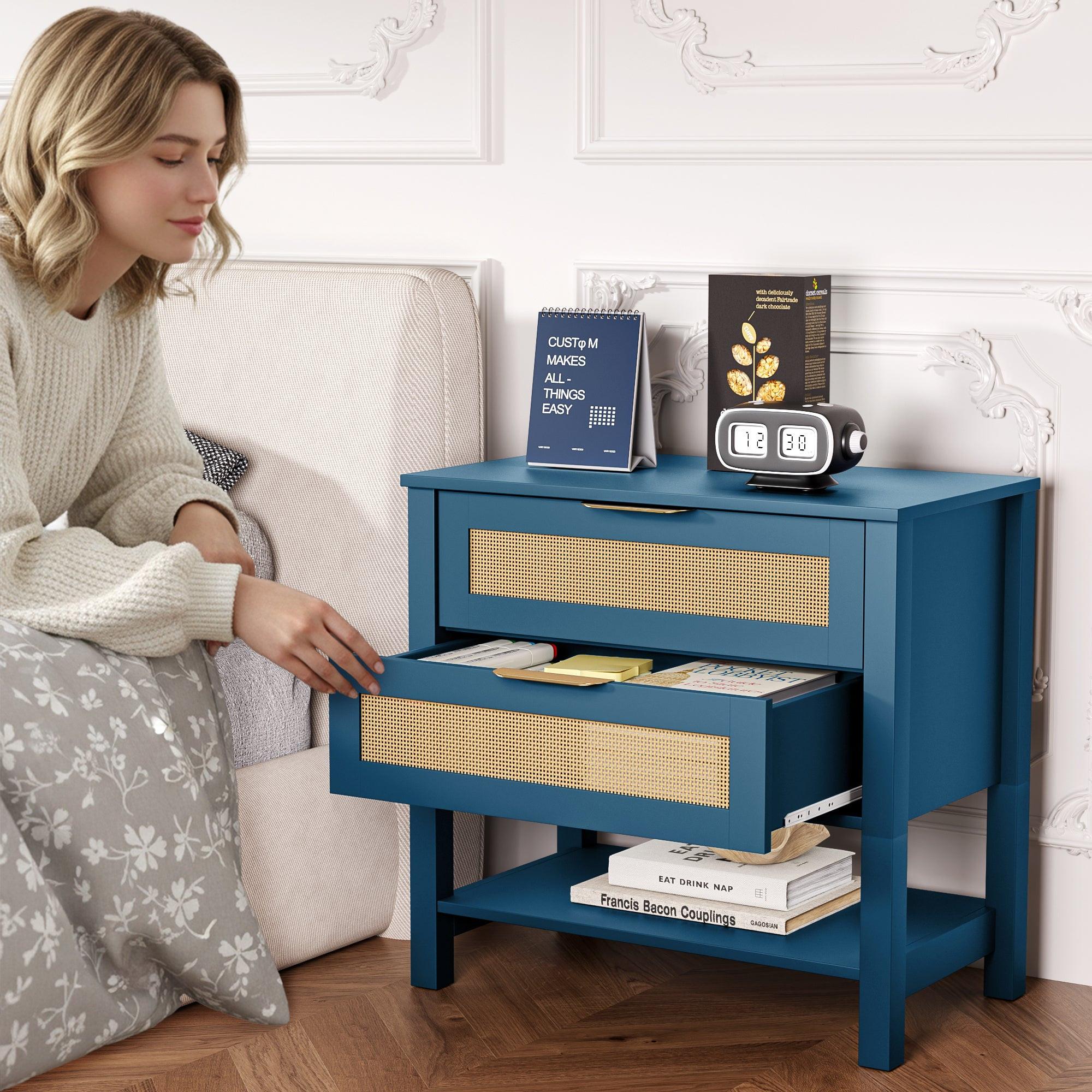 Boho Nightstand with 2 Drawers and Storage Shelf.