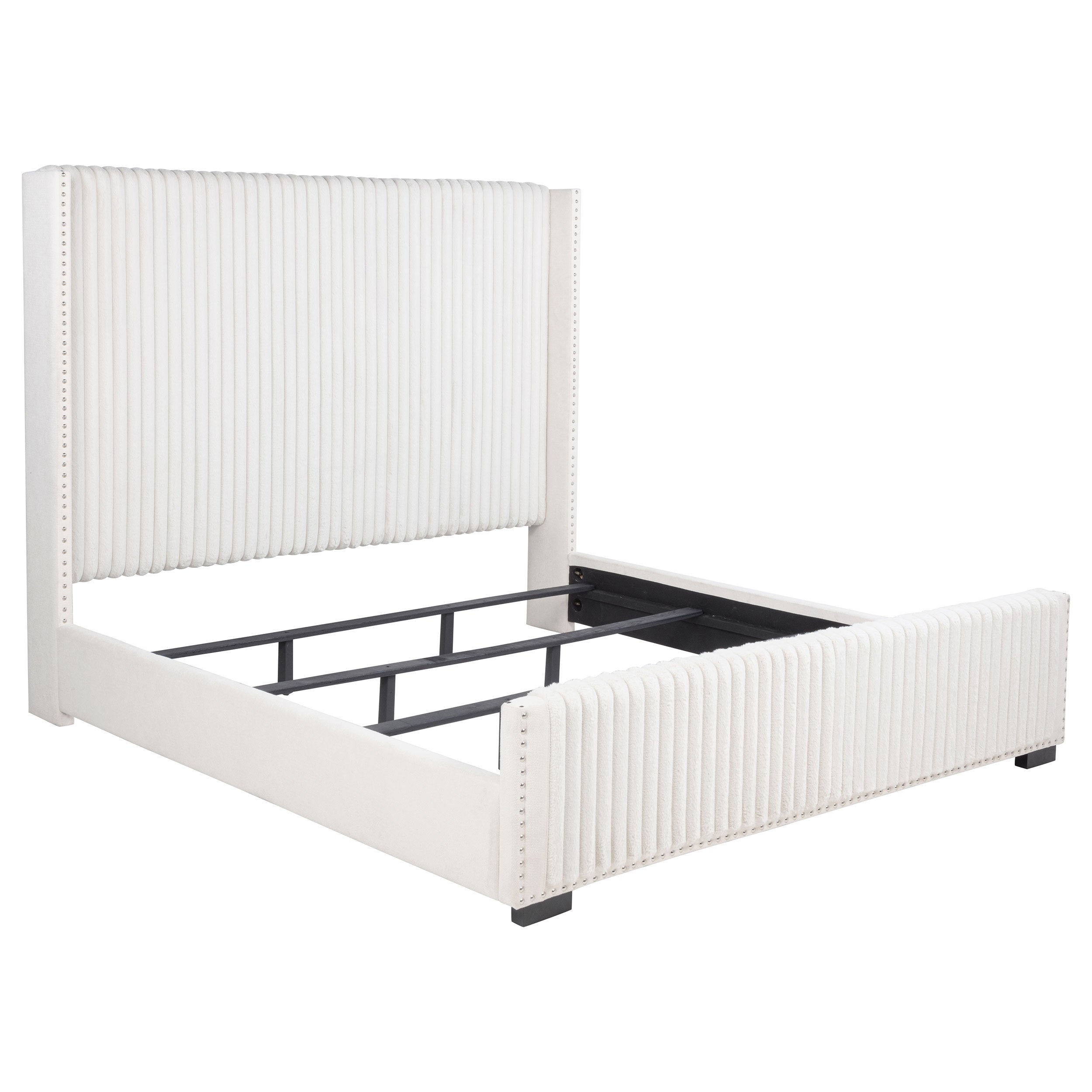 Cream California king bed frame with vertical channel tufting, nailhead trim, and a low-profile upholstered design.