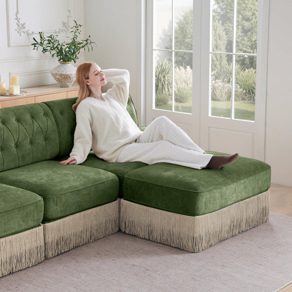 Modular Velvet Chesterfield Sofa with Tassel Skirt.