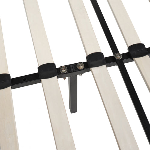 Close-up of Aspen Queen Bed's wooden slat support system with central metal beam. Durable platform base for mattress stability.