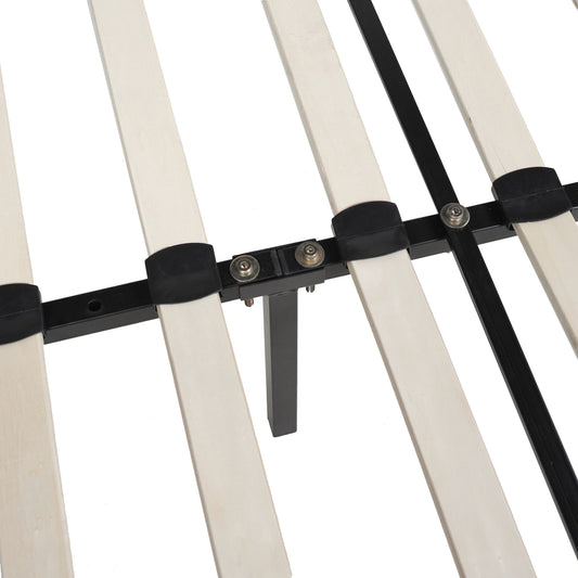 Close-up of Aspen Queen Bed's wooden slat support system with central metal beam. Durable platform base for mattress stability.