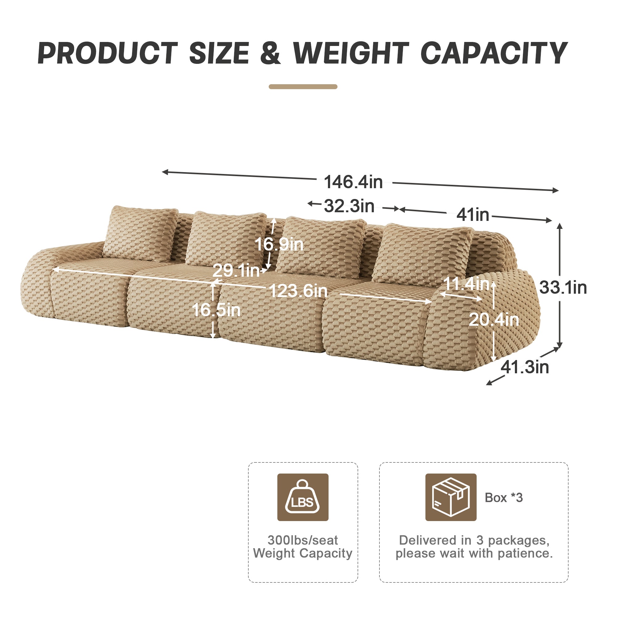 Dimensions and weight capacity chart for modern modular sectional sofa, showing 146.4-inch length and 300 lbs per seat support.