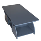 Angled view of Blue Geometric Coffee Table - Engineered Wood Design, showing its curved side panels and spacious lower shelf.