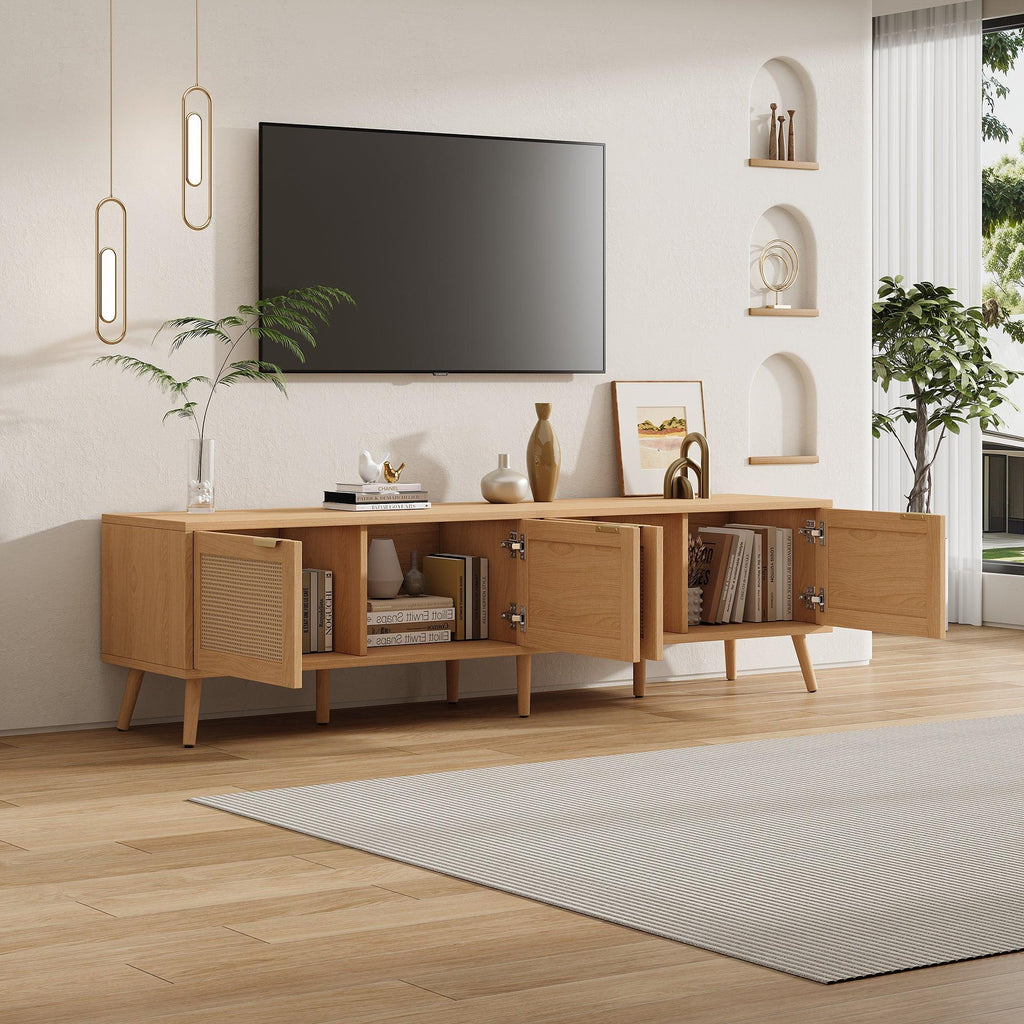 Modern TV Stand with Rattan Doors for 80in TVs.