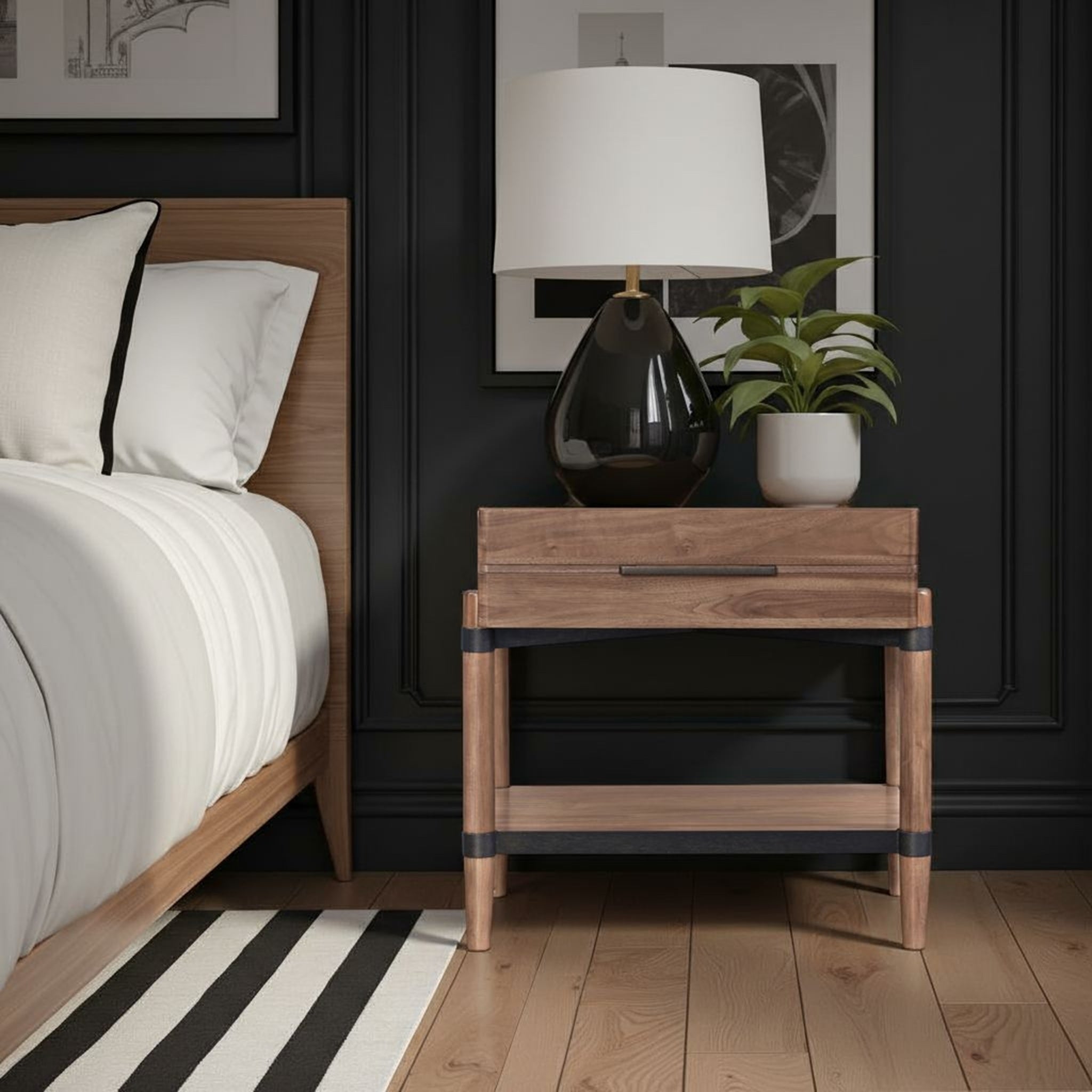 Tranquility 26-Inch Walnut Wood Nightstand with Antique Bronze Hardware