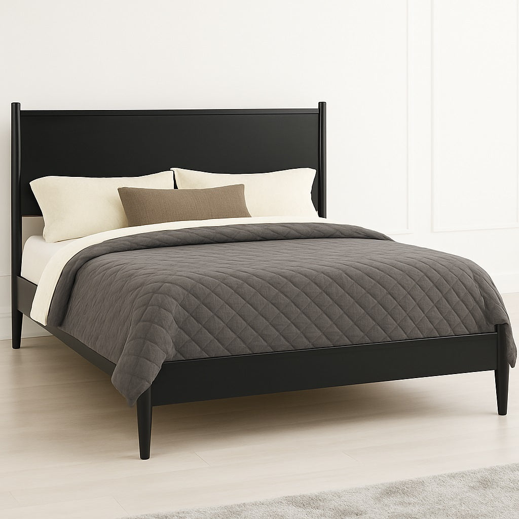 Black Mid-Century King Platform Bed featuring a sleek wooden frame and supportive slats, ideal for contemporary interiors.