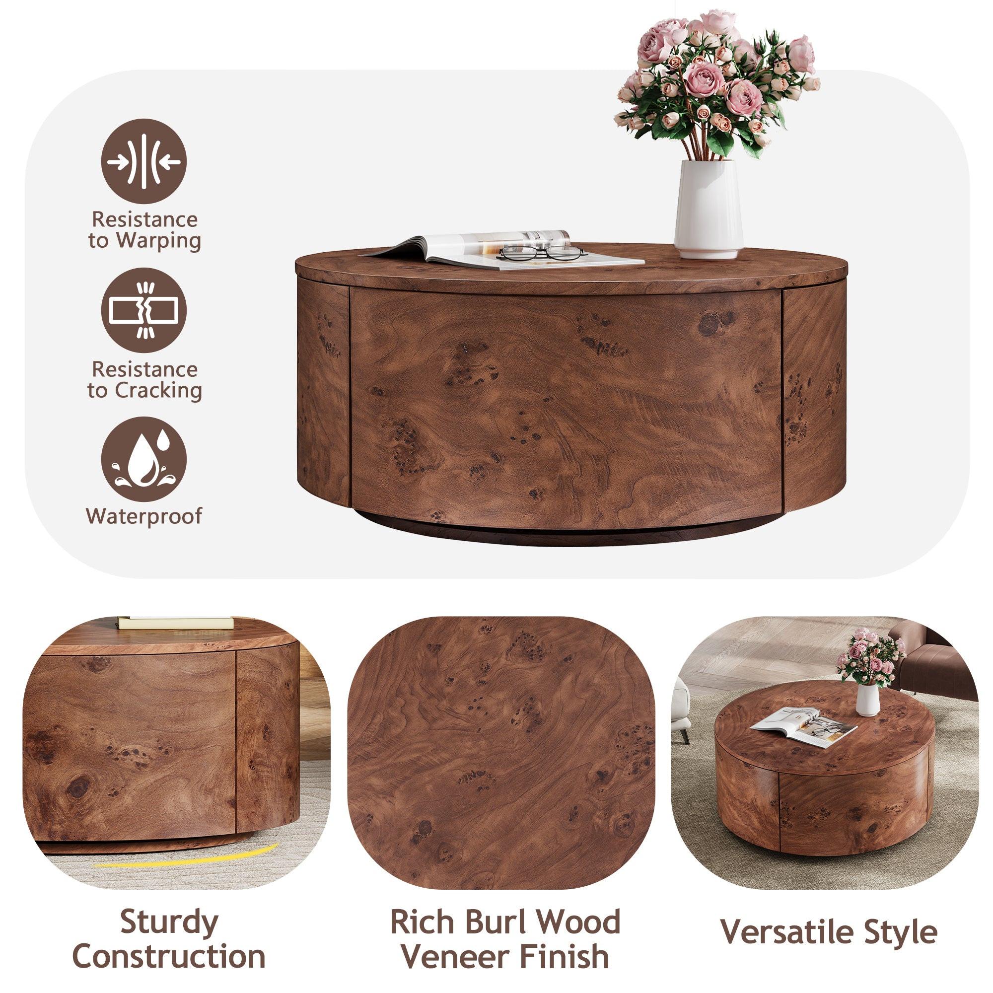 Burl Wood Coffee Table with Drawers - 360° Rotating Top.