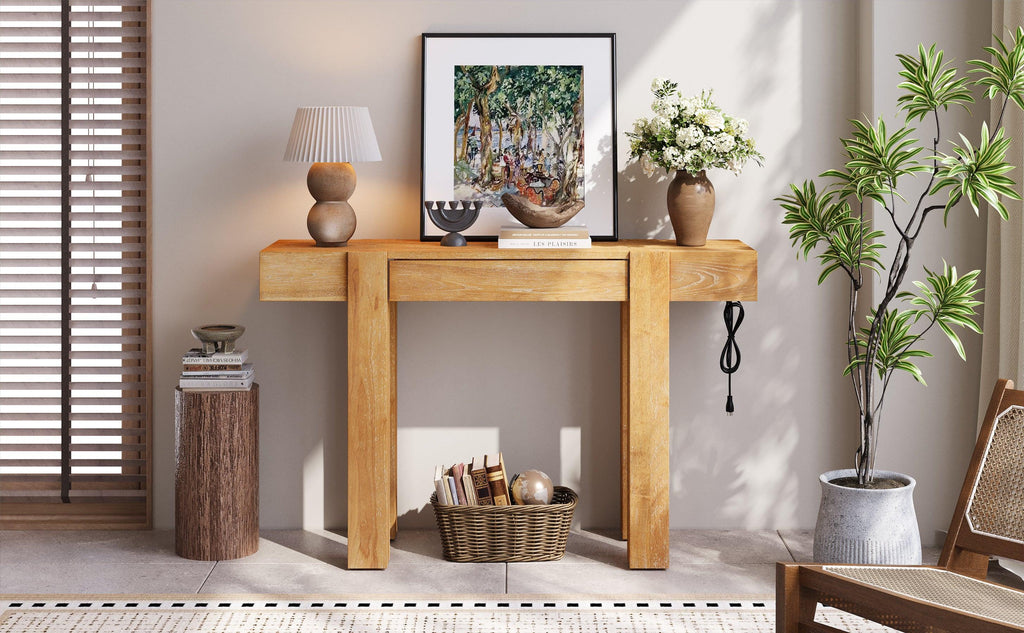 Rustic Wood Console Table with Outlet & Hidden Drawer.