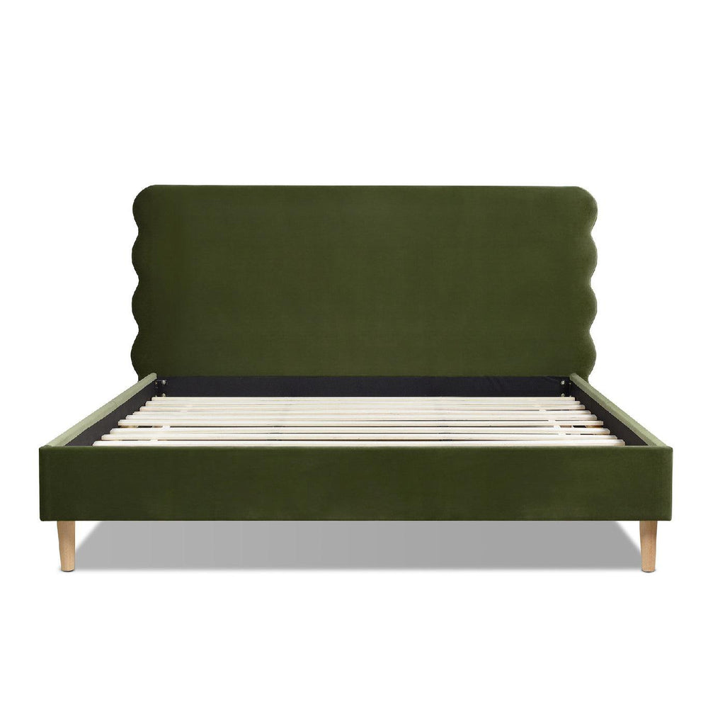 Stockholm Modern Wavy Headboard Platform Bed, King, Olive Green Performance Velvet.