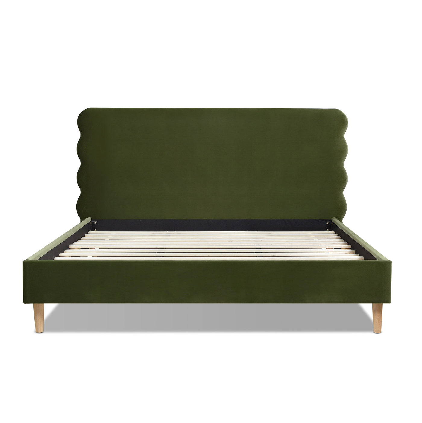 Front view of the Stockholm Modern king size platform bed with olive green velvet upholstery and scalloped headboard design.