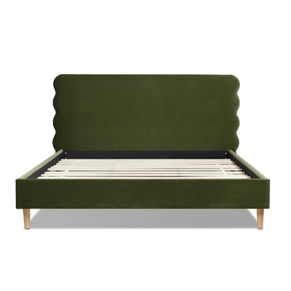Front view of the Stockholm Modern king size platform bed with olive green velvet upholstery and scalloped headboard design.